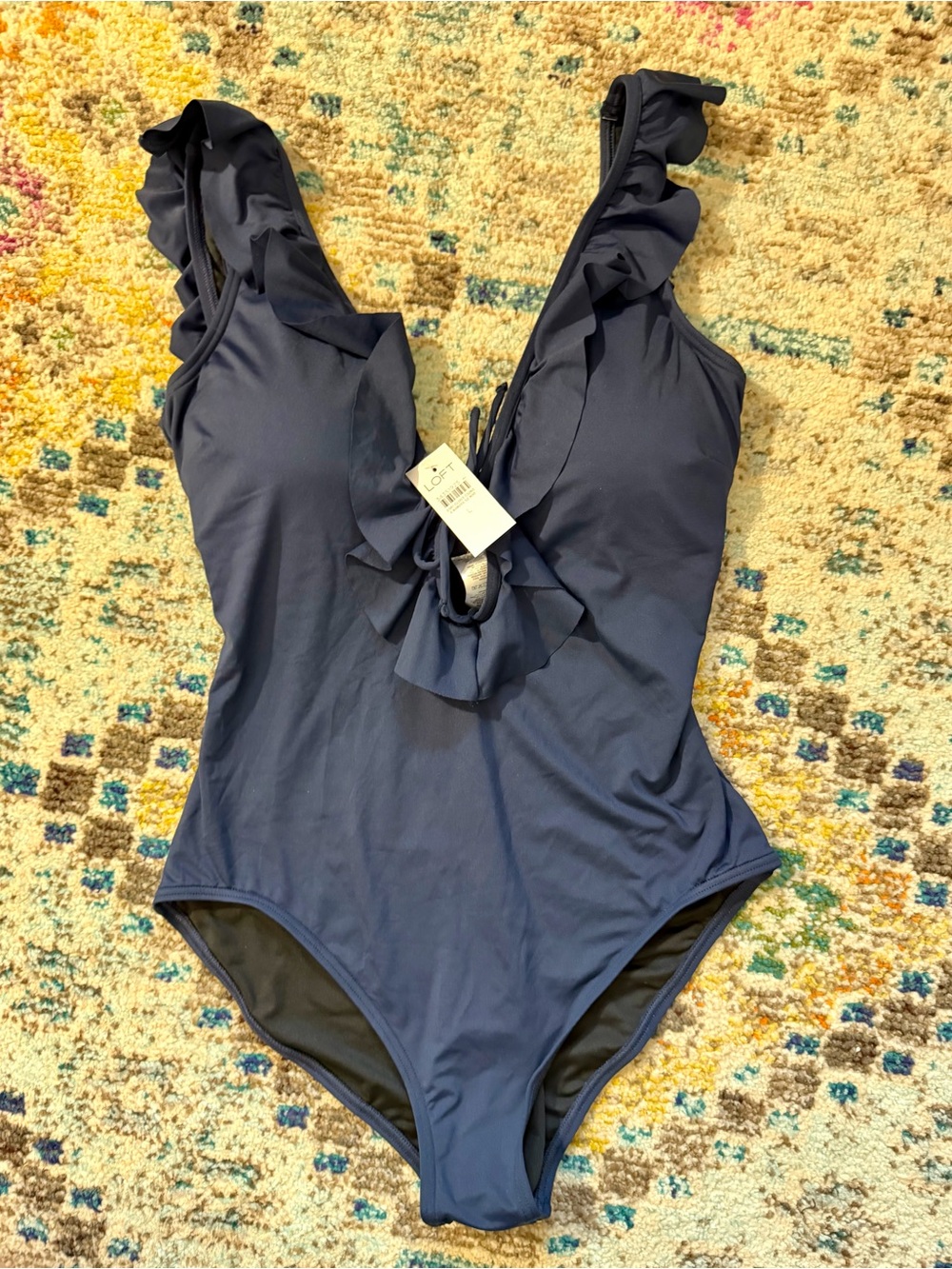 Loft navy ruffle one piece bathing suit